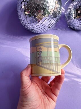 Pastel Yellow Ceramic Coffee Mug with Art Deco Style Woman Illustration